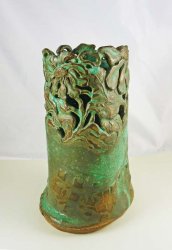 MJE-18-70W Handformed Cutwork Verdigris Green Vase