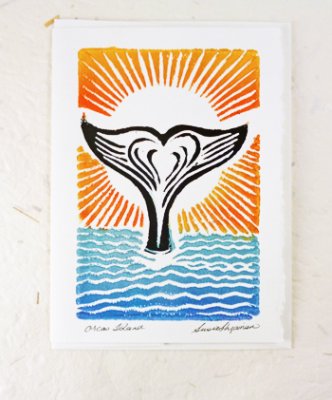 SJS-C Linoleum Block Print Card, Whale Tail, ORANGE