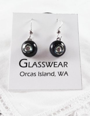 GG-WD110 Fused Glass Round Drop Earrings, Black/Siver