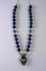 CA-W20 Lapis, Turquoise Bead Long Necklace w/Tibetan Centerpiece