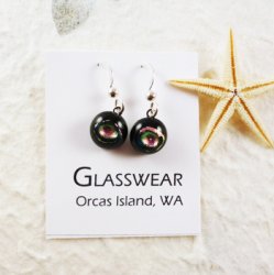 GG-WD101 Fused Glass Round Drop Earrings, Black/Pink